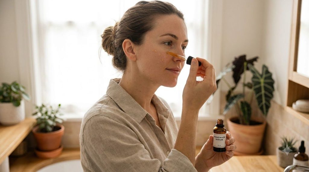 A woman gently applying a few drops of homemade serum from a dropper bottle onto her clean face targeting areas like the
