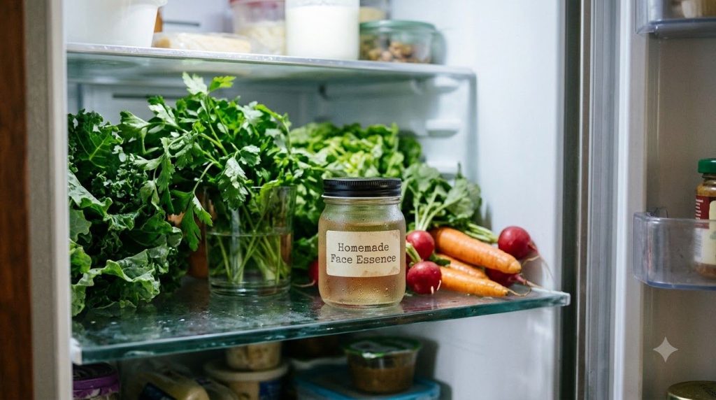 A small clear glass jar with a label indicating Homemade Face Essence stored in a refrigerator next to fresh produce emp