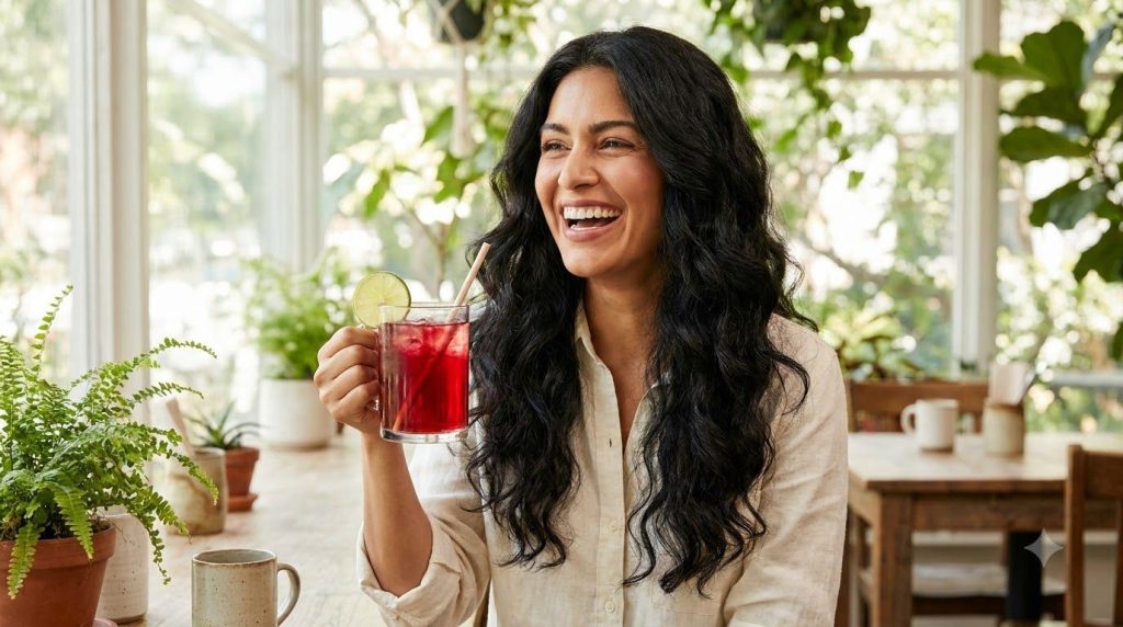 A woman smiling and confidently running her fingers through her noticeably thicker and healthier-looking hair enjoying a