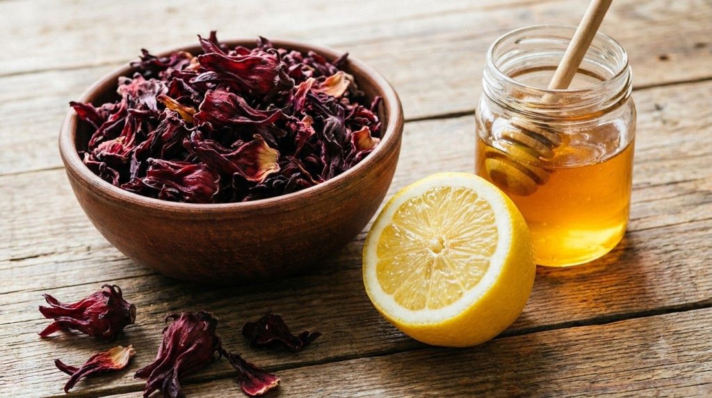 A flat lay of dried hibiscus flowers in a small bowl next to a lemon cut in half and a small jar of honey representing t