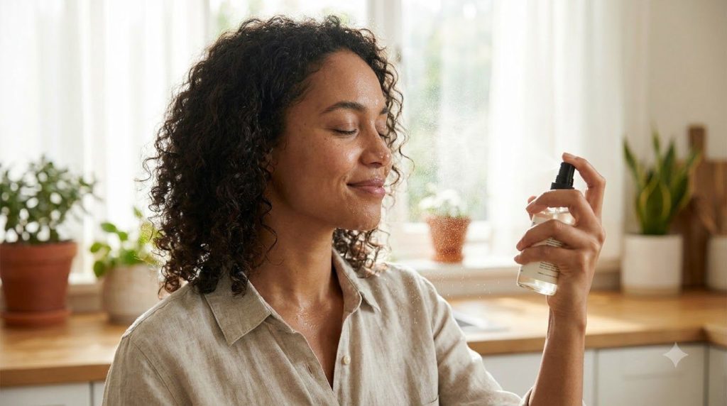 A person spraying rice water onto their face from a small spray bottle with a gentle relaxed expression showing a refres