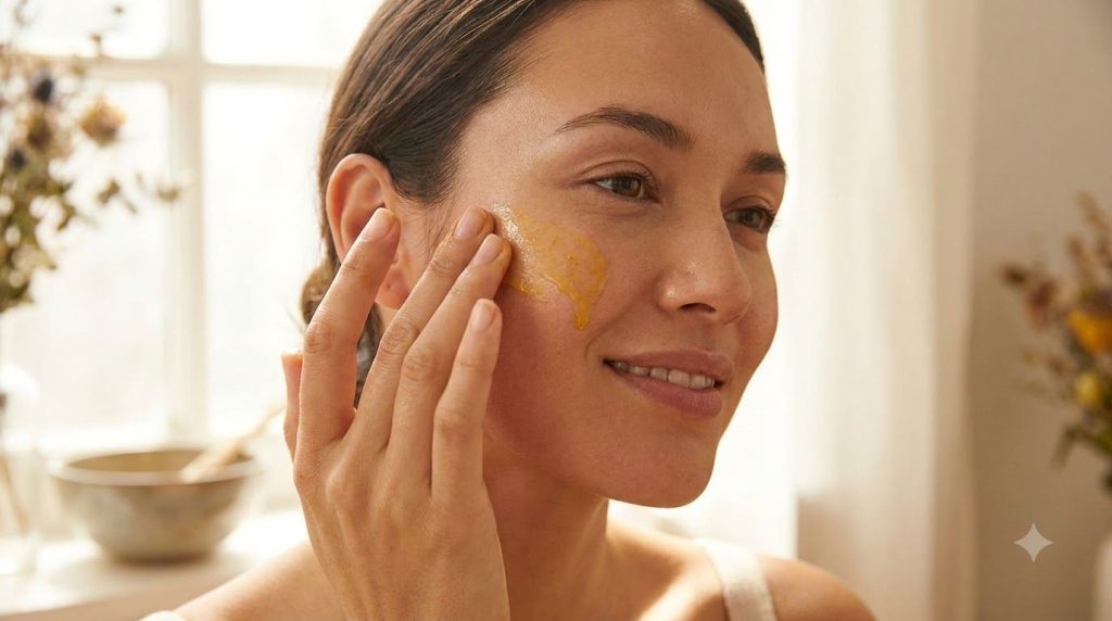 A woman gently massaging the turmeric and baby oil blend onto her face showing the yellow tint of the mixture Focus on c