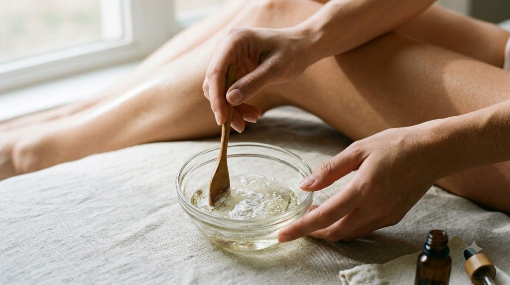 A close-up of hands mixing a DIY baby oil blend in a small glass bowl with soft hydrated skin in the background