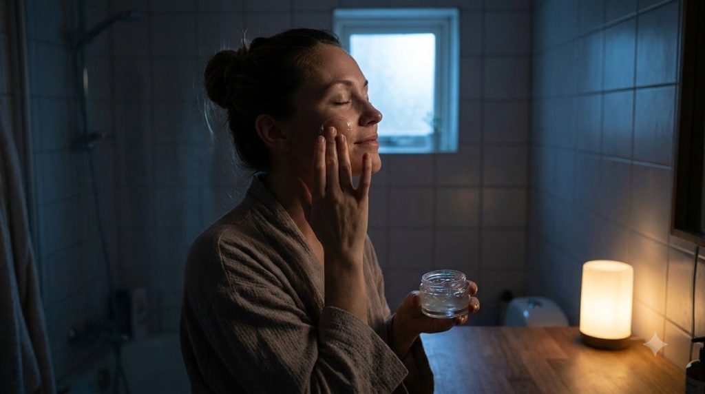 A woman applying a small amount of night gel to her face at night