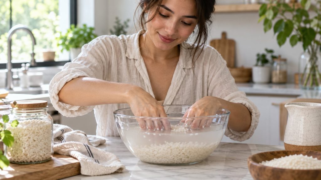 A woman gently swirling rice in a glass bowl filled with water preparing homemade rice water for skincare Her hands are