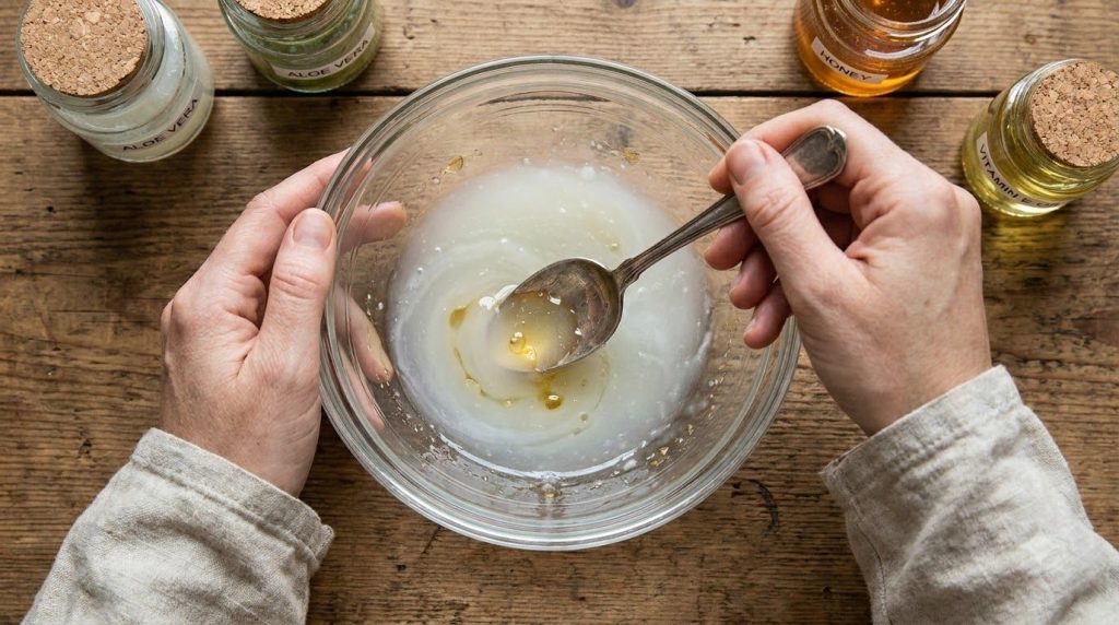 Hands mixing aloe vera gel baby oil honey and vitamin E oil in a glass bowl with a spoon to create a smooth translucent 