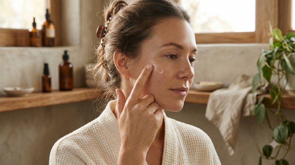 A woman gently applying a small amount of the translucent baby oil glow gel to her cheek looking serene with soft lighti