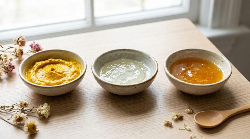 Three small bowls each containing a different beauty mixture one with a yellow turmeric paste one with a clear aloe vera