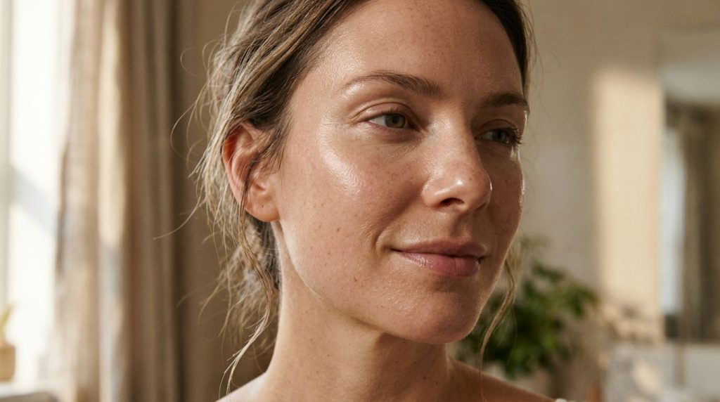 A close-up of a woman s radiant hydrated skin after applying a beauty remedy Her skin looks smooth and healthy with a na