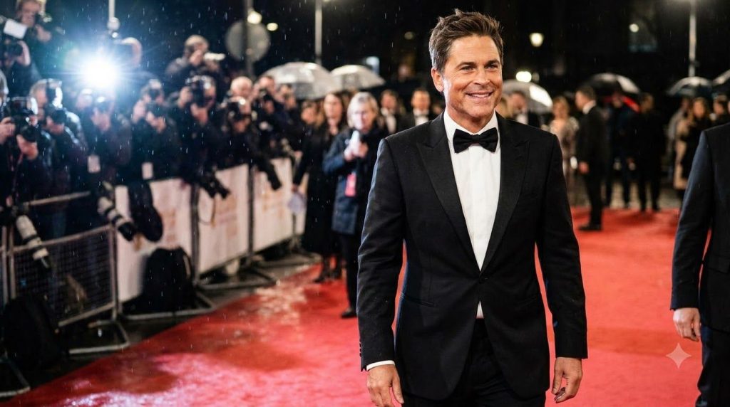 Rob Lowe walking on a red carpet looking dapper in a suit