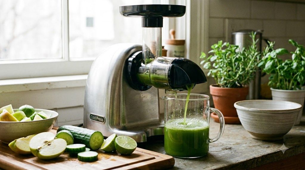 A juicer actively extracting green juice from cut apples cucumbers and limes into a glass pitcher