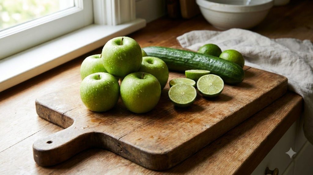 Washed green apples a large cucumber and limes arranged neatly on a cutting board ready for preparation