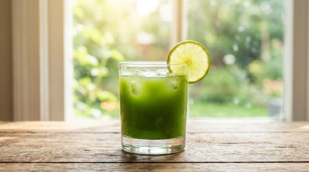 A final glass of vibrant green juice garnished with a lime slice and served over ice on a bright background