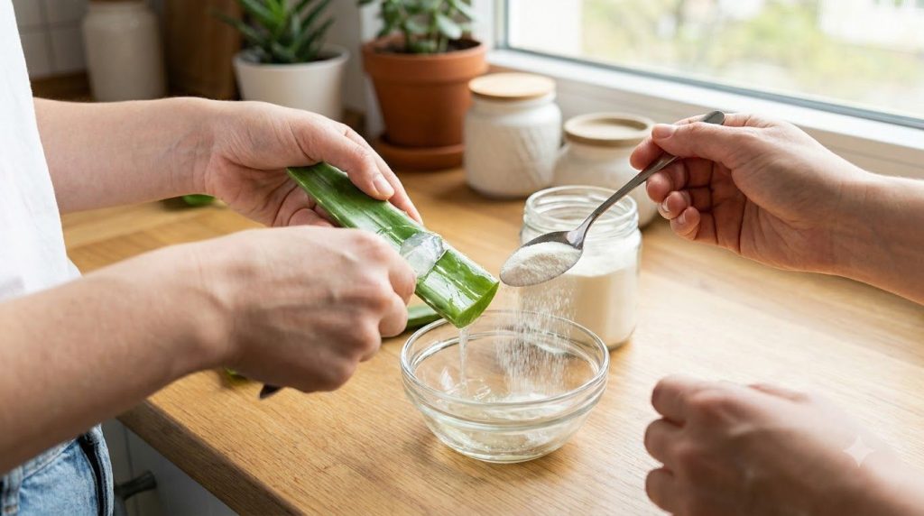 Someone extracting fresh aloe vera gel from a leaf and mixing it with collagen powder in a bowl with a clean glass jar n