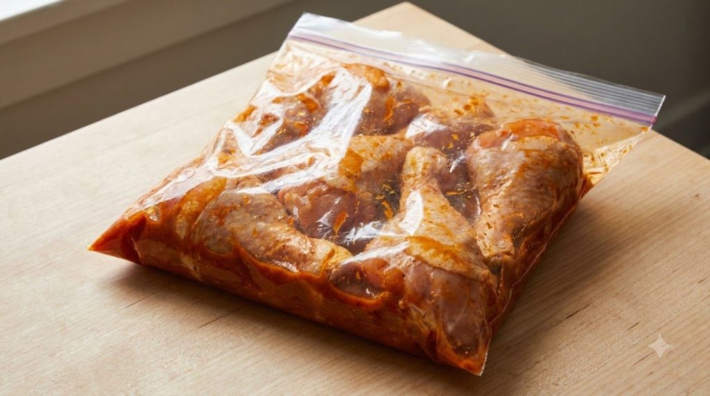 Chicken pieces marinating in a resealable bag