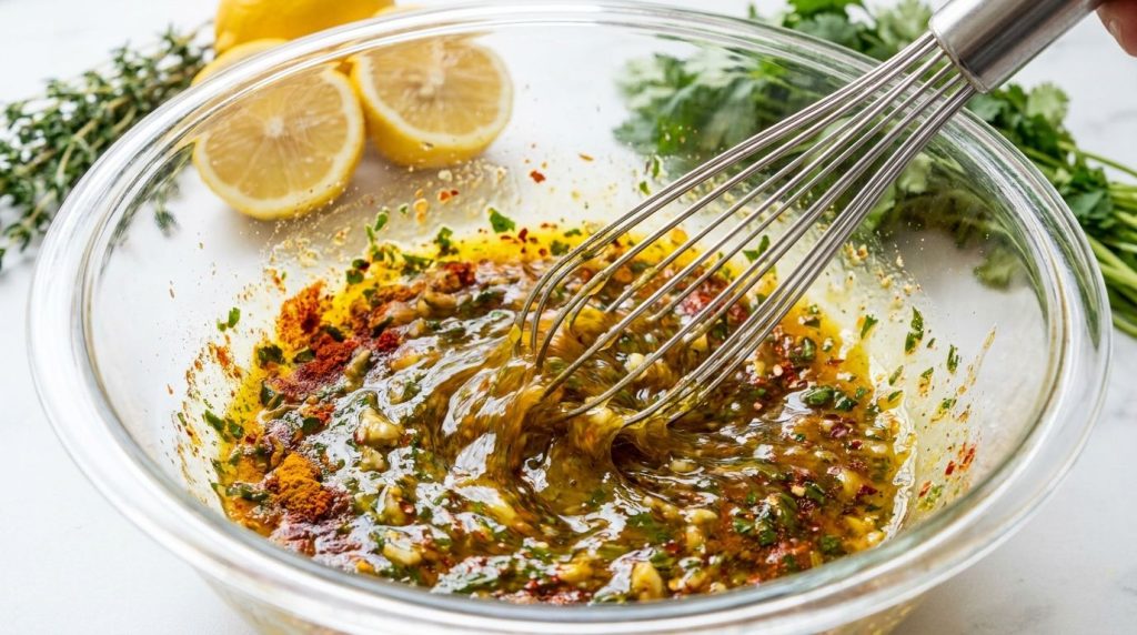 A bowl with various marinade ingredients being whisked together