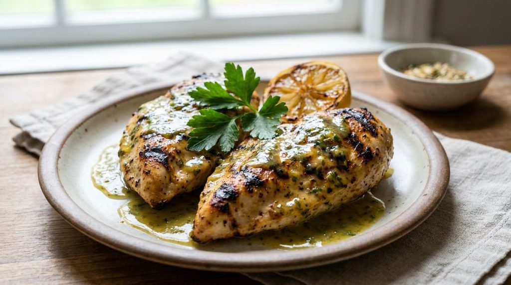 Lemon herb chicken sauce drizzled over grilled chicken breasts garnished with fresh herbs