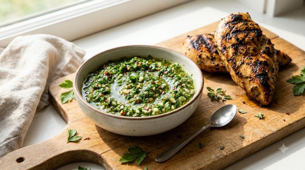 A vibrant green bowl of chimichurri sauce with fresh herbs and a spoon next to grilled chicken