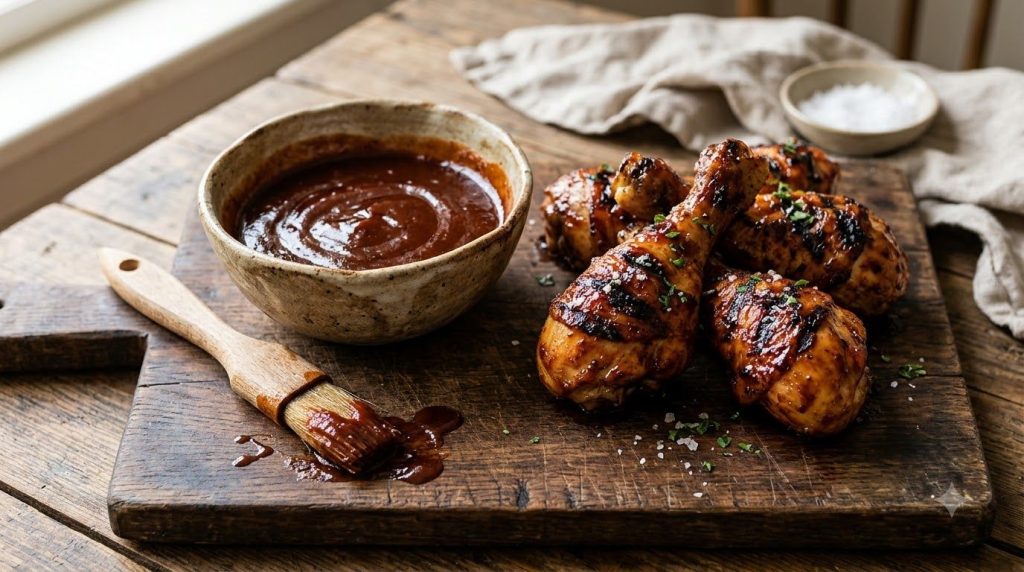 A bowl of thick tangy BBQ glaze next to grilled chicken drumsticks