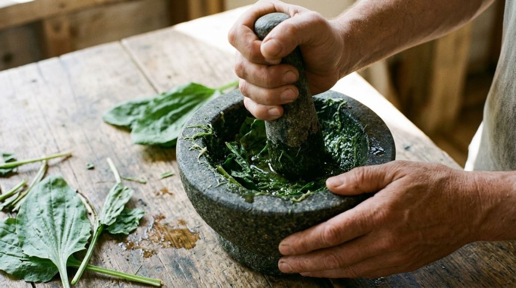 A pair of hands crushing fresh plantain leaves with a mortar and pestle or simply by hand showing the release of green l