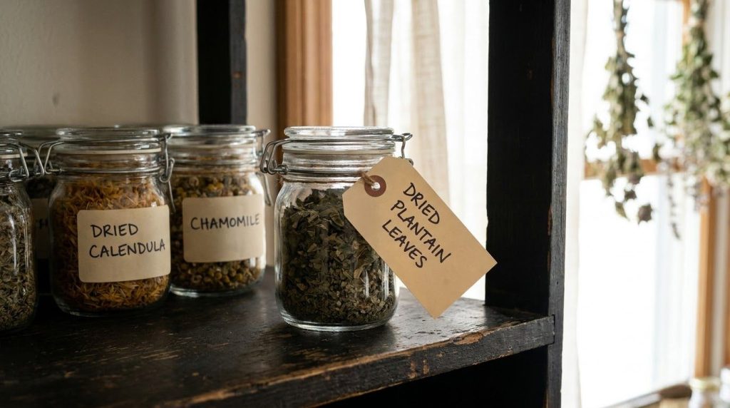 A small clean glass jar filled with dried plantain leaves labeled sitting on a wooden shelf next to other dried herbs