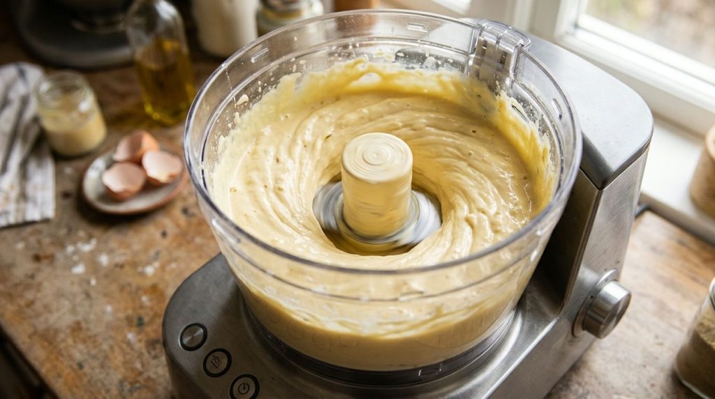 High-protein mayonnaise blending in a food processor showing a creamy texture forming
