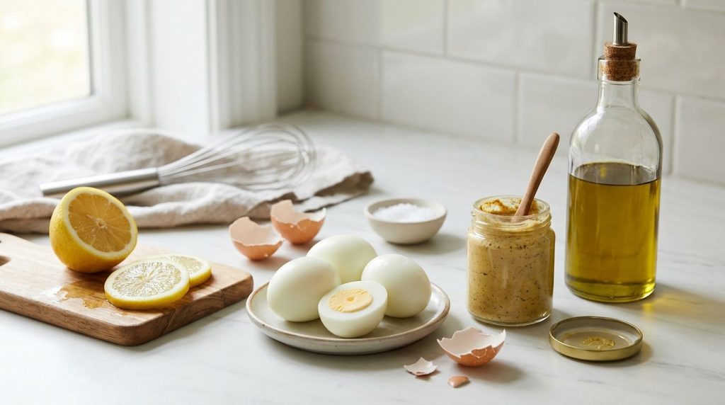 Hard-boiled eggs lemon Dijon mustard and olive oil laid out on a counter next to a food processor