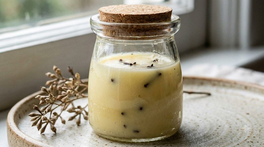 A small elegant glass jar filled with the homemade clove and Vaseline balm showing a smooth slightly yellowish texture w