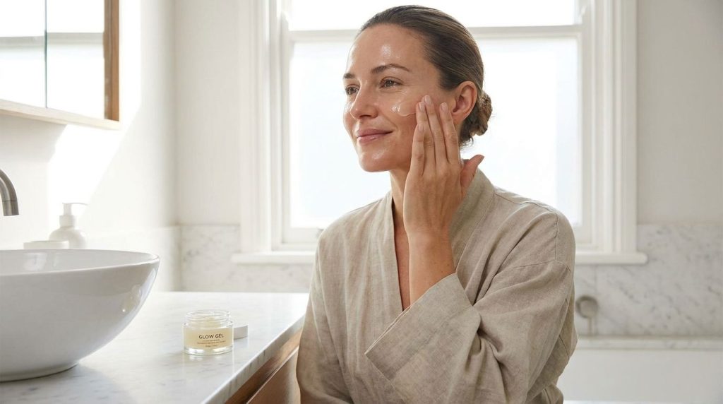 A woman gently massaging a small amount of the clear glow gel onto her face showing a serene and happy expression with s