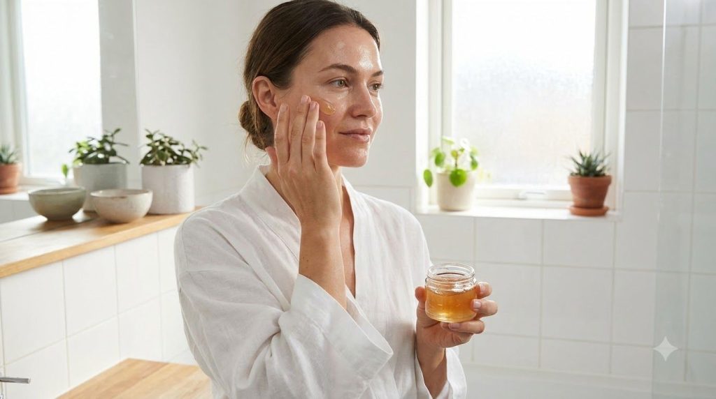 A woman gently applying the homemade glow gel to her face her skin looking soft and hydrated in a bright bathroom settin