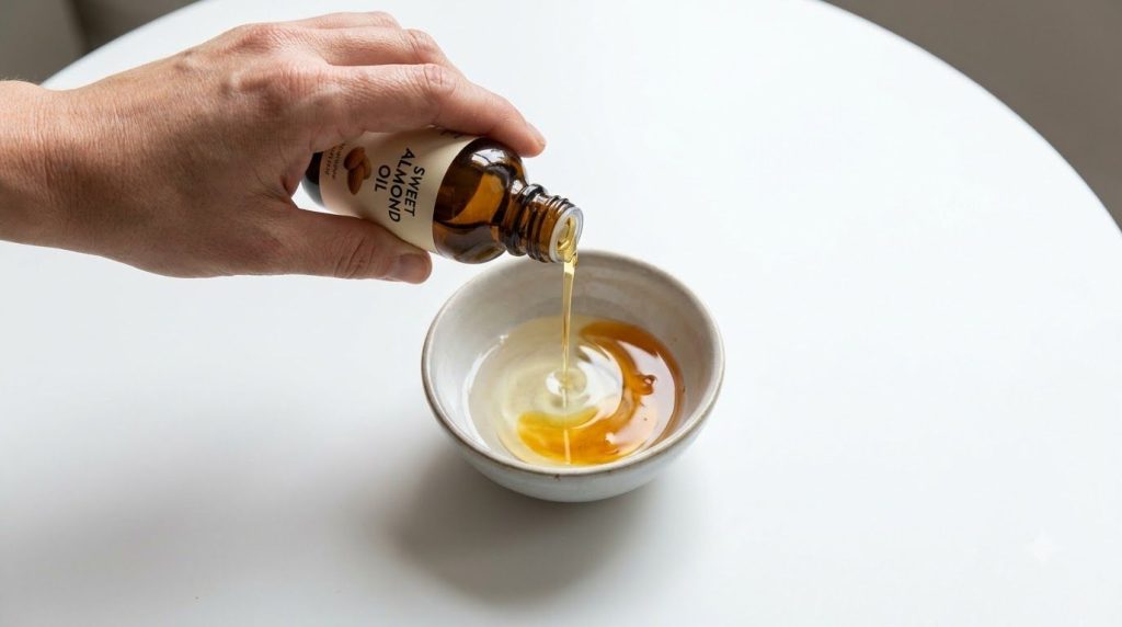 A close-up of a hand pouring sweet almond oil into a small mixing bowl with baby oil and vitamin E illustrating the mixi