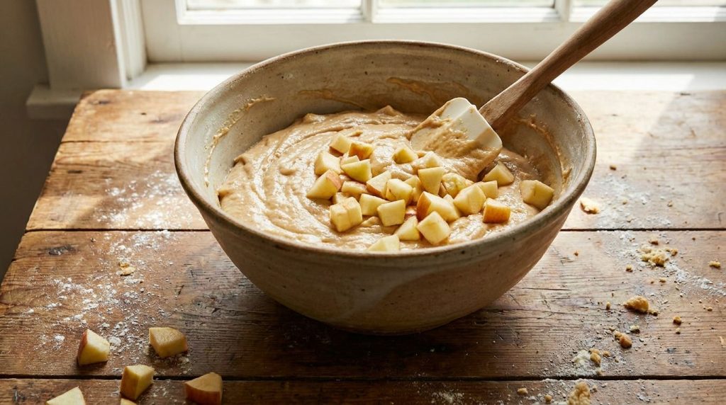 Cake batter with diced apple pieces being gently folded in with a rubber spatula in a large mixing bowl