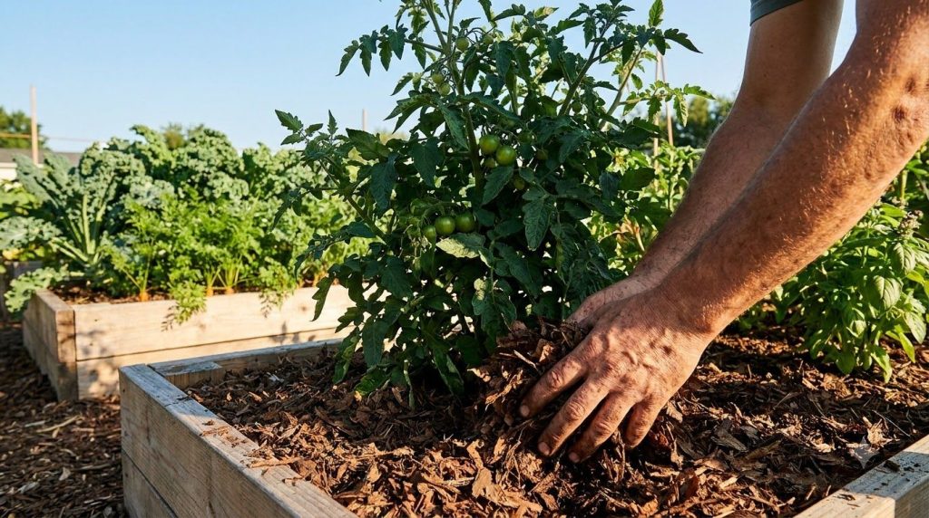 A gardener carefully applying a layer of shredded leaf mulch around the base of a tomato plant in a healthy vegetable ga