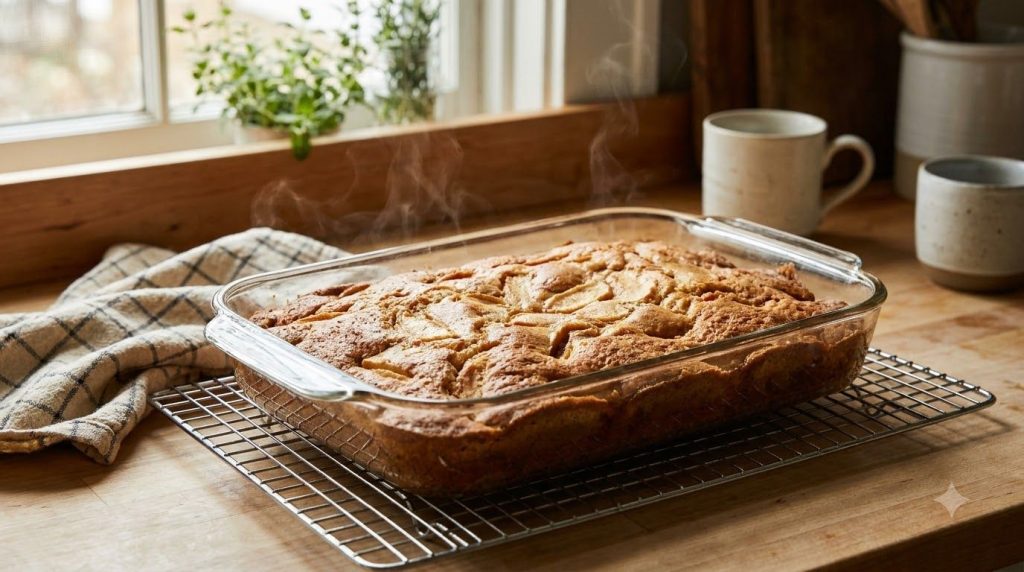 A freshly baked golden-brown apple cake in a 9x13 inch baking pan just out of the oven