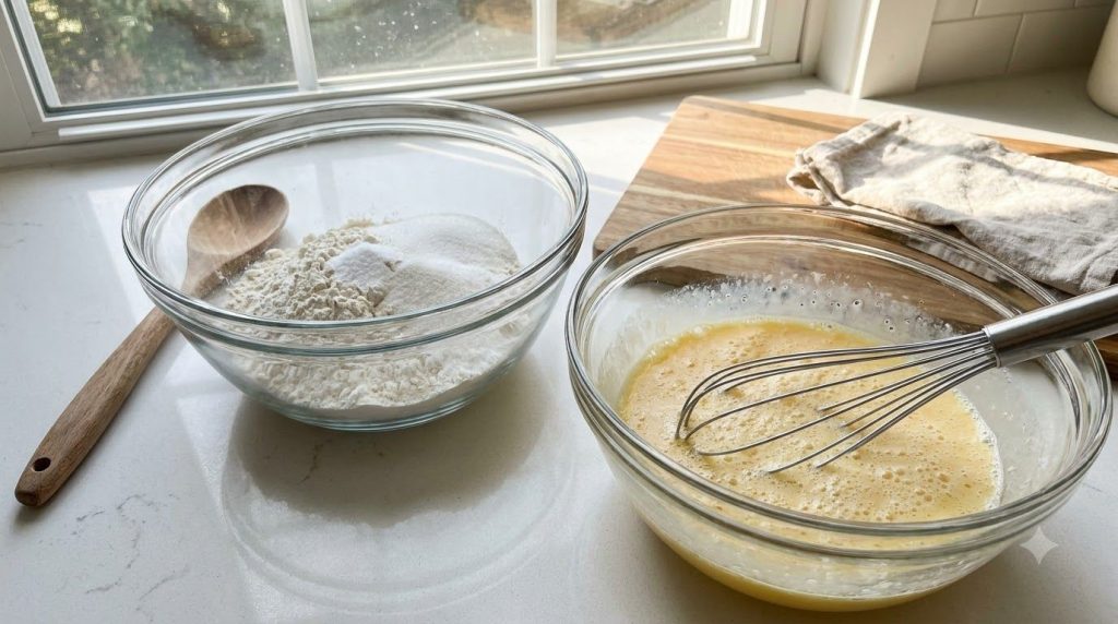 Two mixing bowls one containing whisked dry ingredients flour sugar spices and another with liquid wet ingredients eggs 