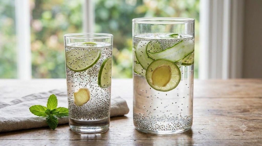 A close-up of a clear glass of chia seed water with lime slices cucumber and a ginger slice against a soft bright backgr