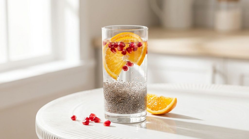 A vibrant glass of chia seed water with orange slices and pomegranate seeds brightly lit on a light surface