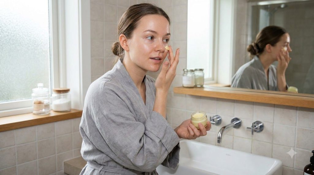 A woman gently applying a small amount of turmeric and Vaseline paste under her eye with her fingertip