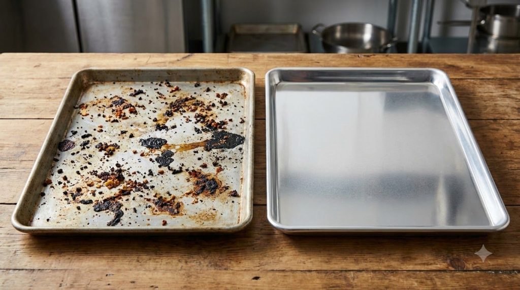 A sparkling clean baking sheet next to a dirty one for a before and after comparison
