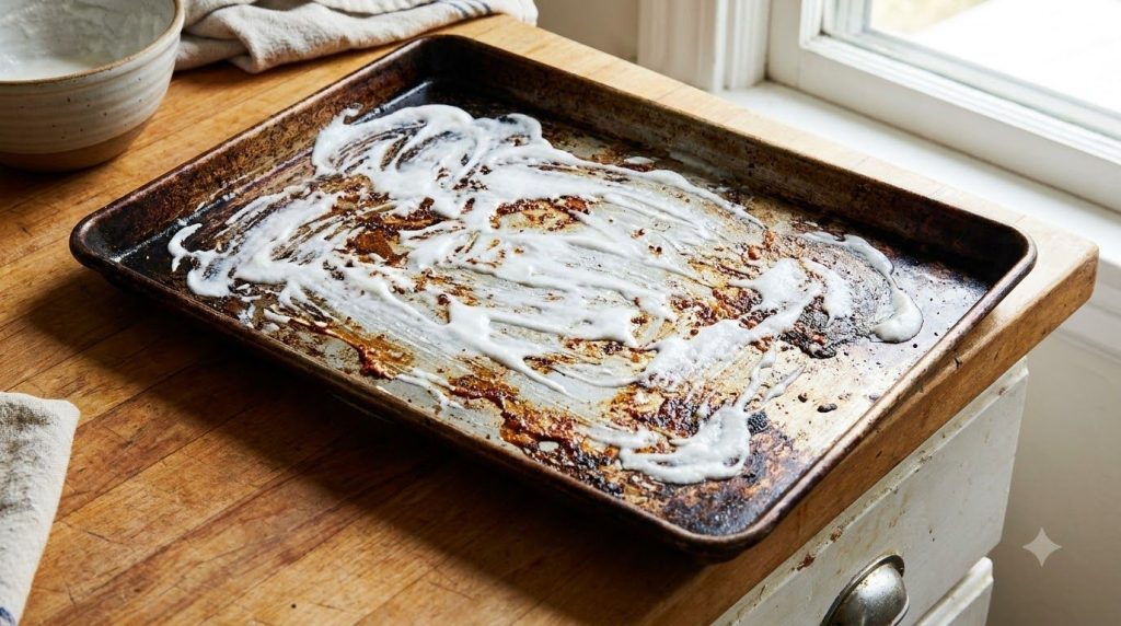 A close-up of a dirty baking sheet covered in a thick white cleaning paste