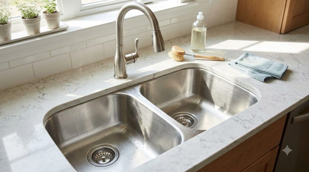 Un fregadero de cocina de acero inoxidable reluciente después de ser limpiado con la mezcla de Coca-Cola y bicarbonato d