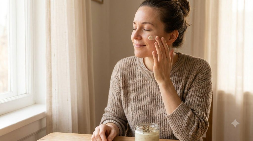 A woman gently applies a homemade cream to her cheek with her fingertips her skin looking soft and hydrated The backgrou