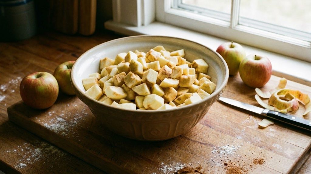 Peeled and diced apples ready for baking in a bowl