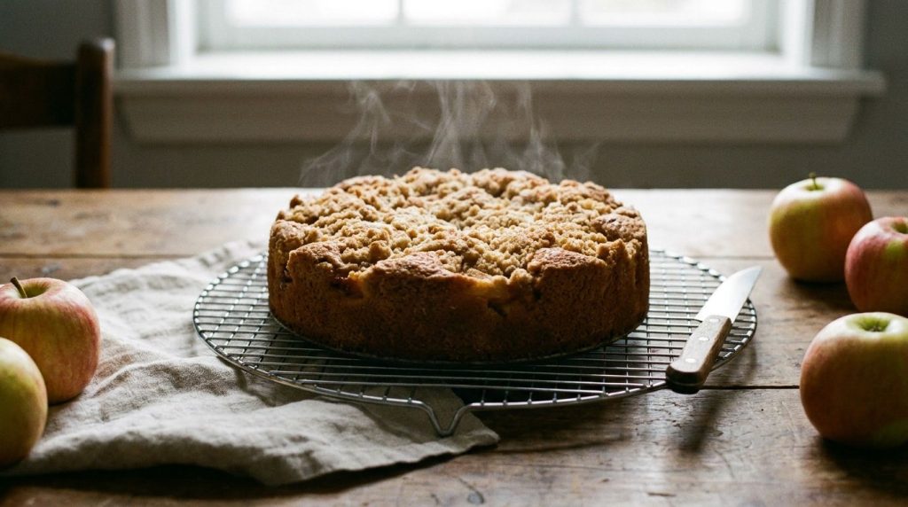 A whole baked apple cake cooling on a wire rack