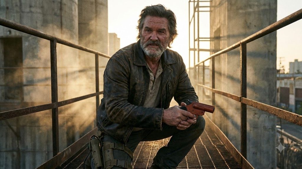 Kurt Russell in a recognizable action hero pose perhaps from Escape from New York or The Thing He has a tough intense ex
