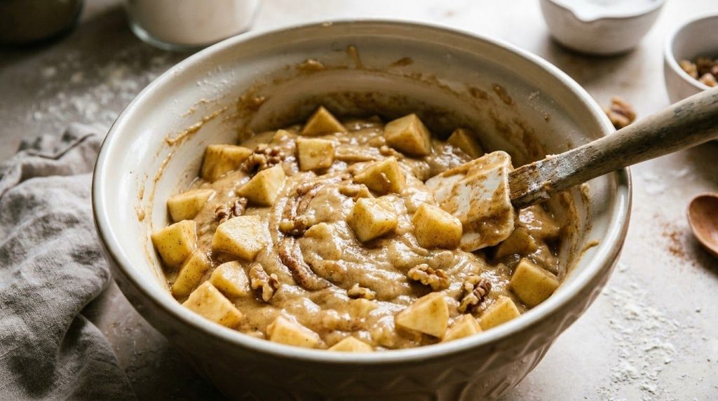 Apple cake batter with diced apples folded in ready to be poured into a baking pan