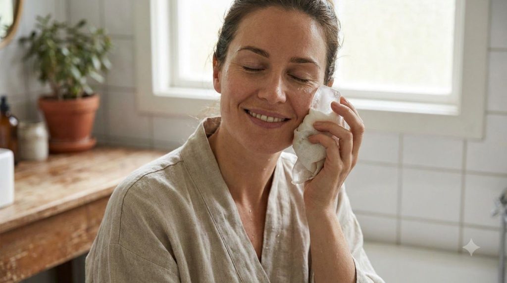 A woman gently rubbing a rice water ice cube wrapped in a thin cloth on her cheek smiling softly