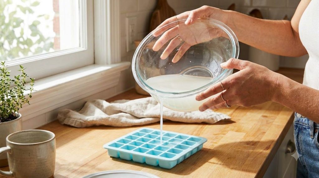 A person pouring milky rice water from a bowl into an ice cube tray