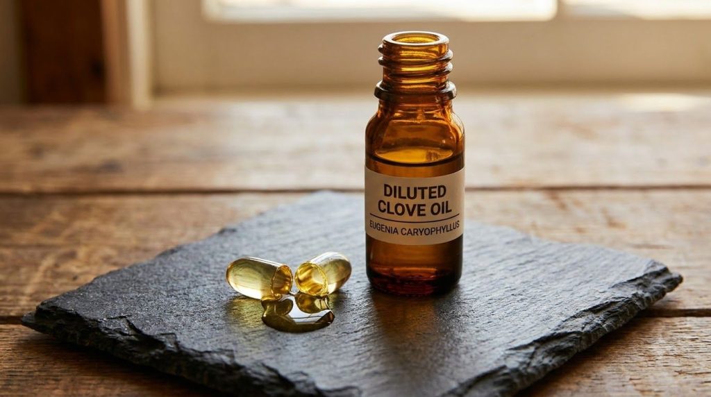 A small glass dropper bottle of diluted clove oil next to a opened vitamin E capsule with the oil being squeezed out on 