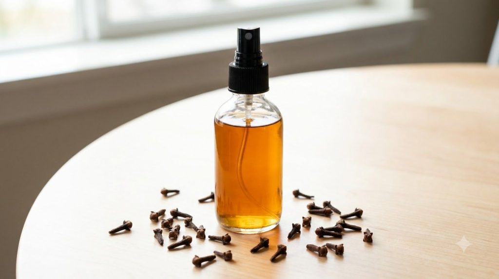 A glass bottle with a spray top filled with a light brown liquid surrounded by whole cloves on a clean surface